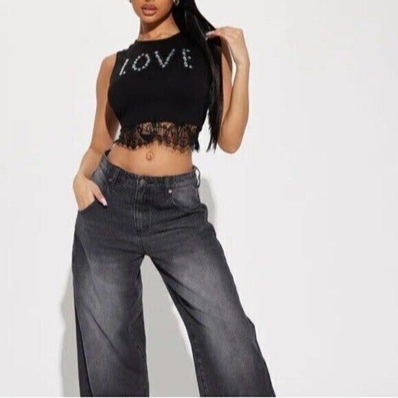 Fashionable Rhinestone Detail Lace Trim Sleeveless Cropped Top Size M RefM021 - Picture 3 of 8